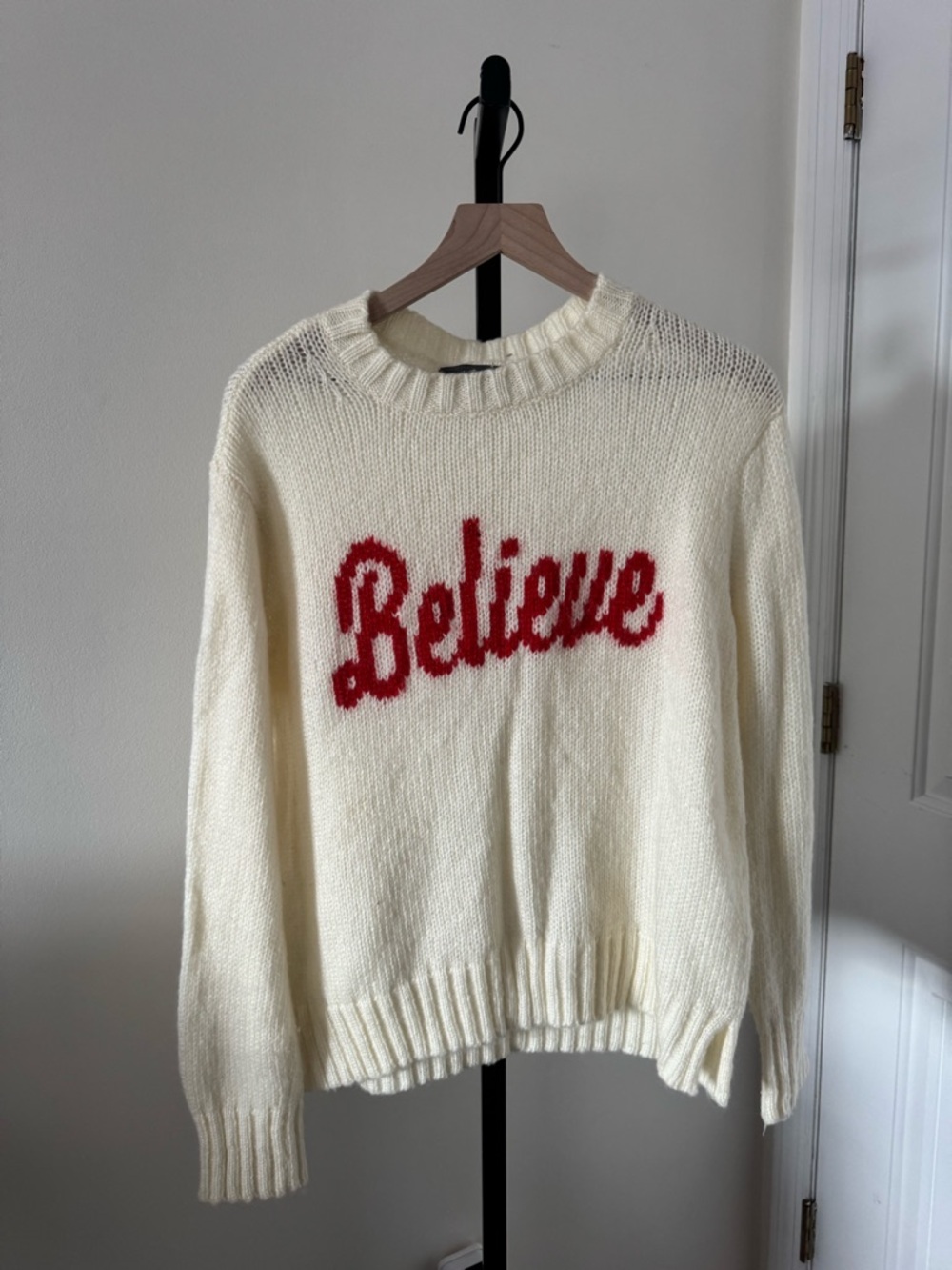 Wooden Ships Cream Crewneck Sweater with Red 'Believe' Script